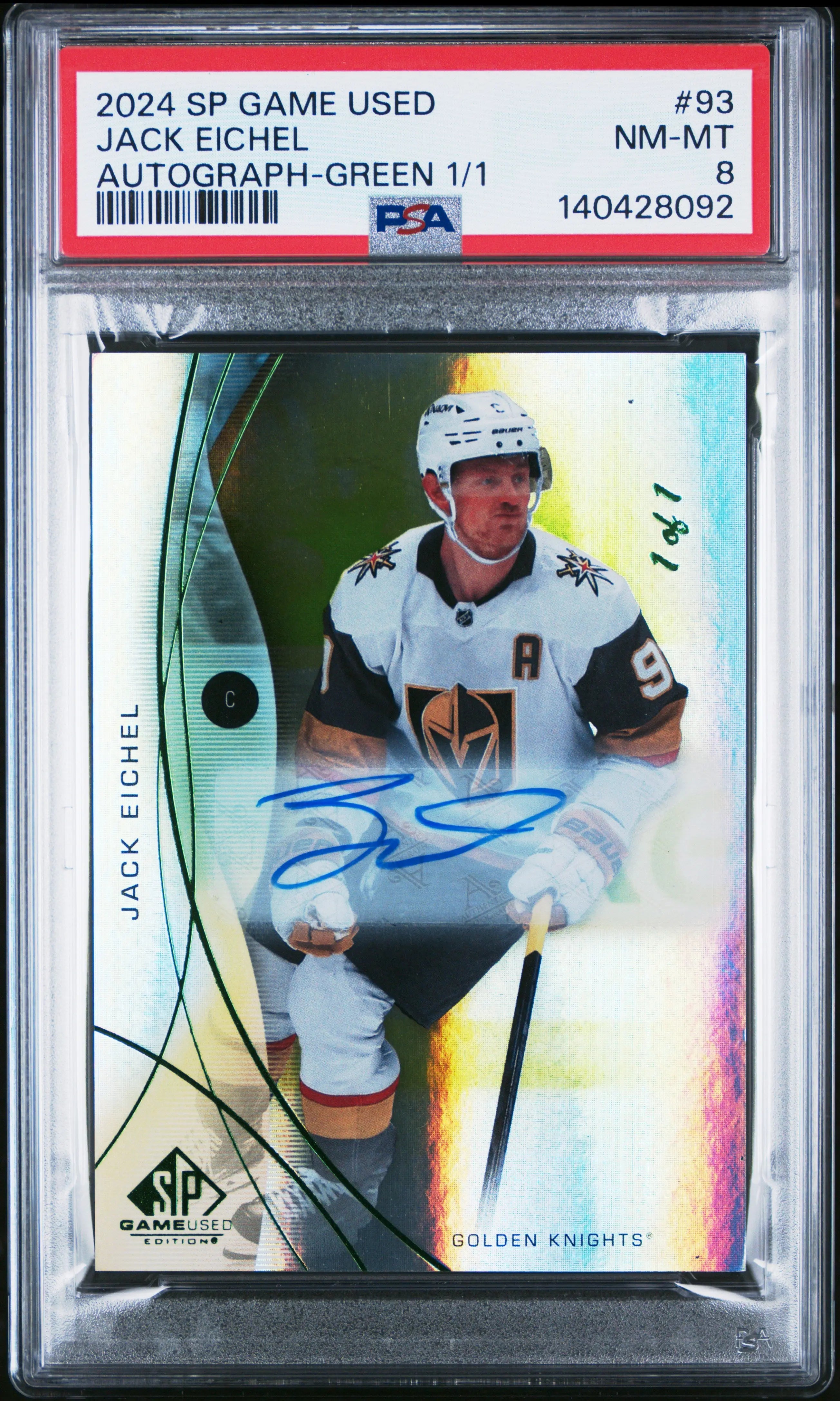 2024 Upper Deck Sp Game Used #93 Jack Eichel Autograph-Green 1/1 PSA 8 