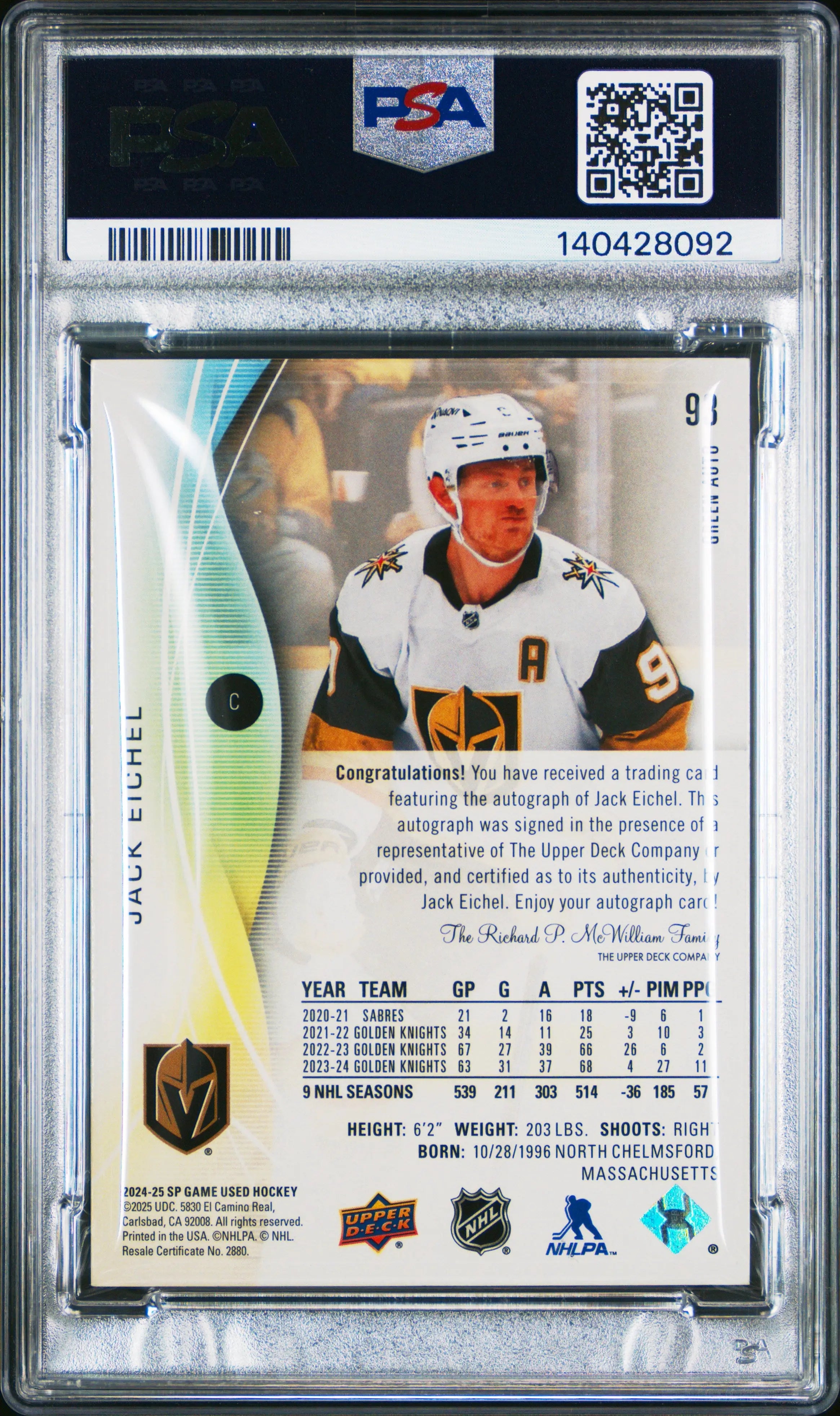 2024 Upper Deck Sp Game Used #93 Jack Eichel Autograph-Green 1/1 PSA 8 