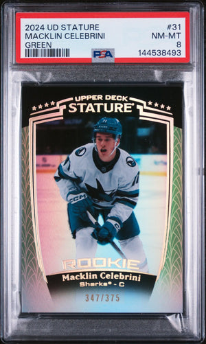 2024 Upper Deck Stature Green Rookie Macklin Celebrini #31 /375 PSA 8 