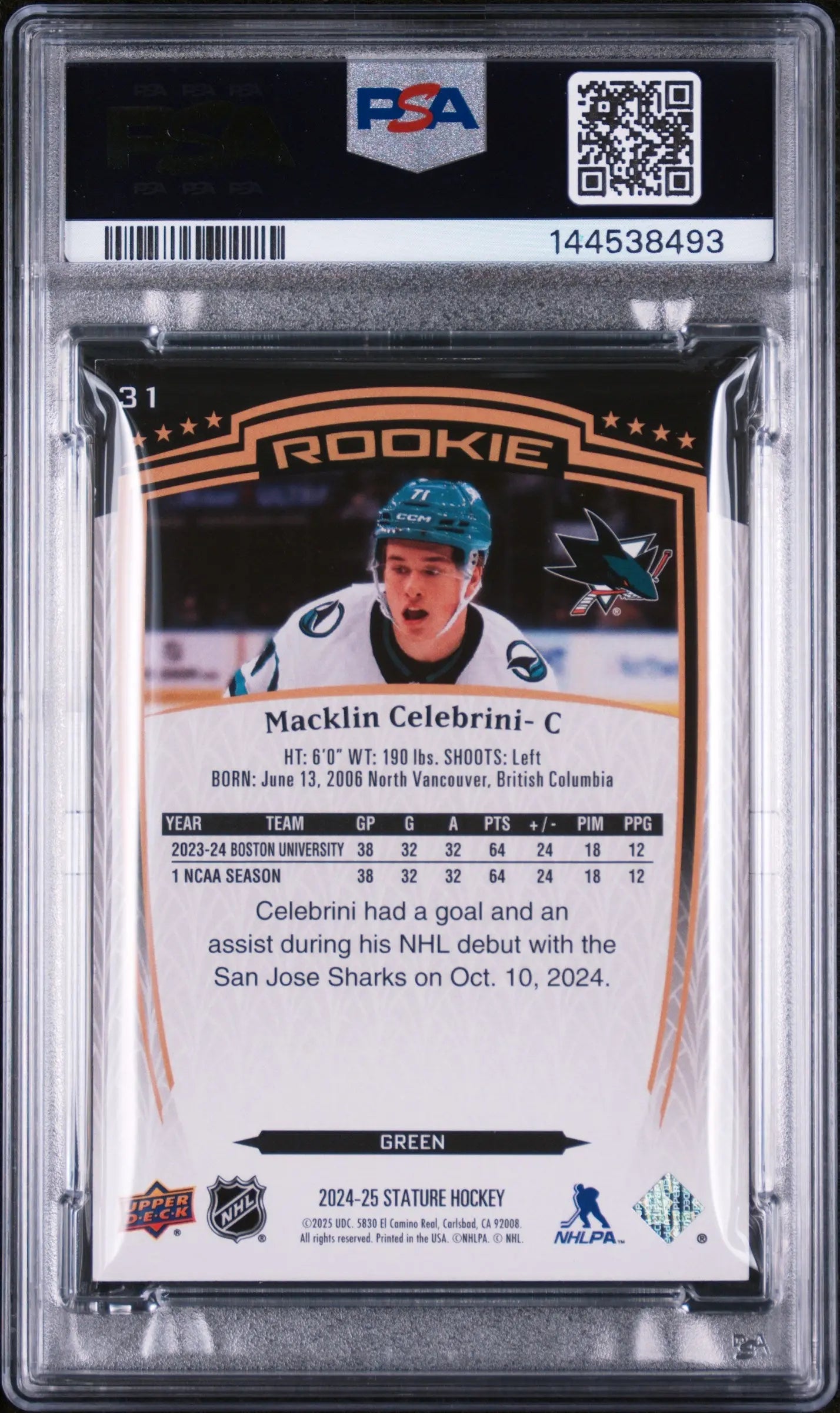 2024 Upper Deck Stature Green Rookie Macklin Celebrini #31 /375 PSA 8 