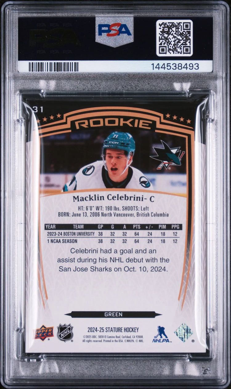 2024 Upper Deck Stature Green Rookie Macklin Celebrini #31 /375 PSA 8 