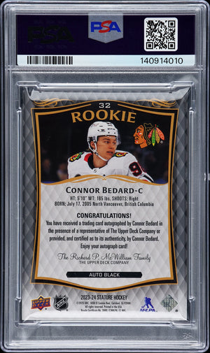 2024 Upper Deck Stature Update Connor Bedard 2023 Autograph Black 2/3 PSA 9  RC 