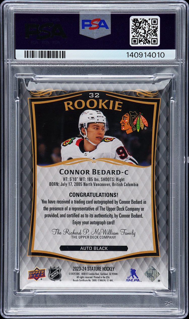2024 Upper Deck Stature Update Connor Bedard 2023 Autograph Black 2/3 PSA 9  RC 