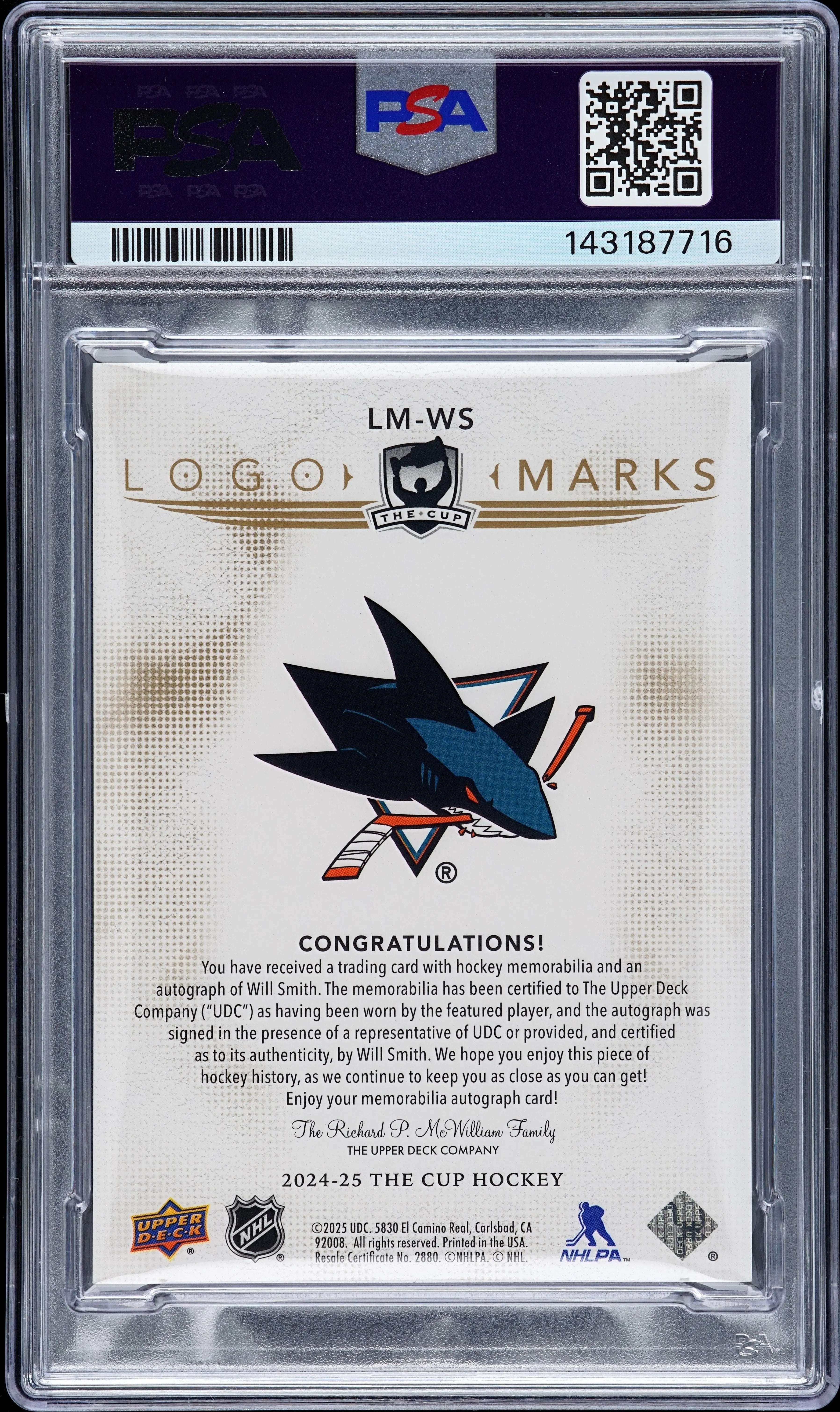 2024 Upper Deck The Cup Logomarks Will Smith RC Auto Gold Patch 1/90 PSA 9 