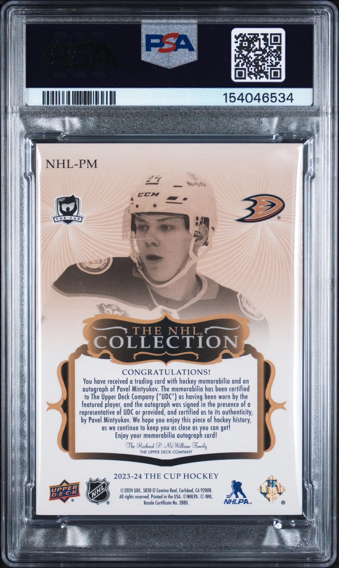 2024 Upper Deck The Cup Update Autograph Patch Pavel Mintyukov Auto /35 PSA 7 