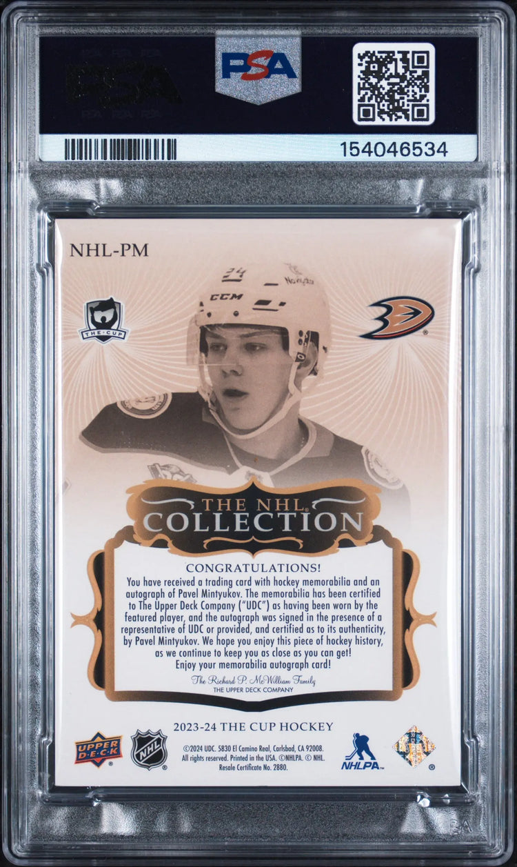 2024 Upper Deck The Cup Update Autograph Patch Pavel Mintyukov Auto /35 PSA 7 