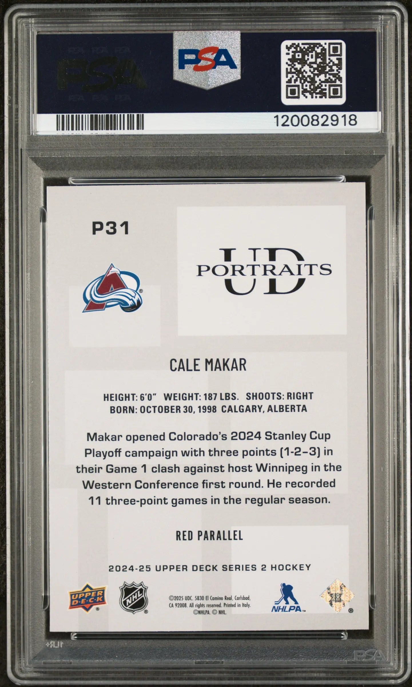 2024 Upper Deck UD Portraits Cale Makar #P31 Red 8/99 PSA 9 JSY# 