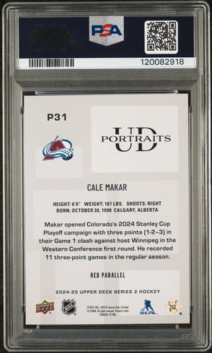 2024 Upper Deck UD Portraits Cale Makar #P31 Red 8/99 PSA 9 JSY# 