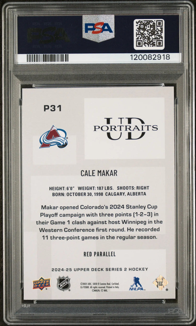 2024 Upper Deck UD Portraits Cale Makar #P31 Red 8/99 PSA 9 JSY# 