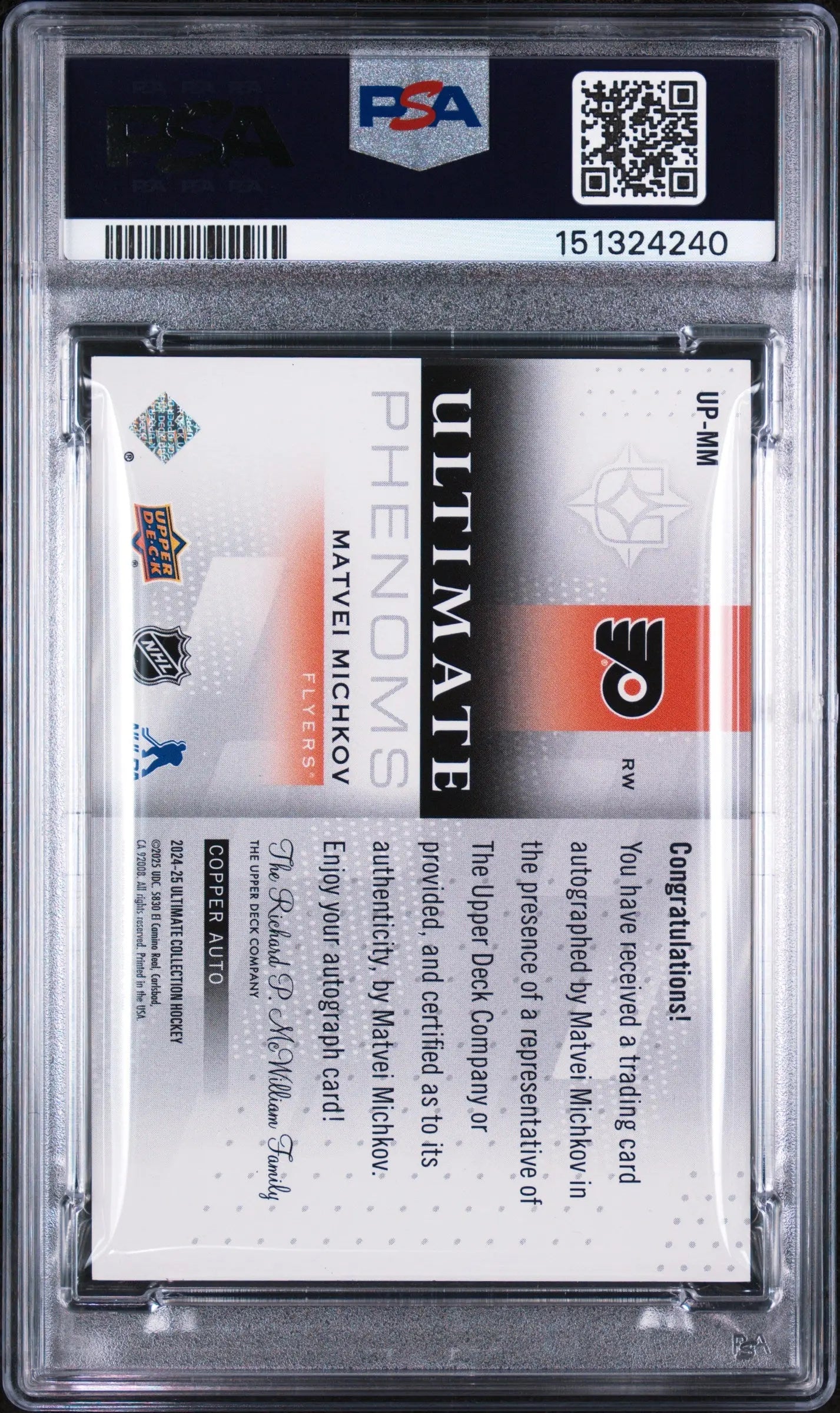 2024 Upper Deck Ultimate Phenoms Rookie Autograph Matvei Michkov Auto RC PSA 9 