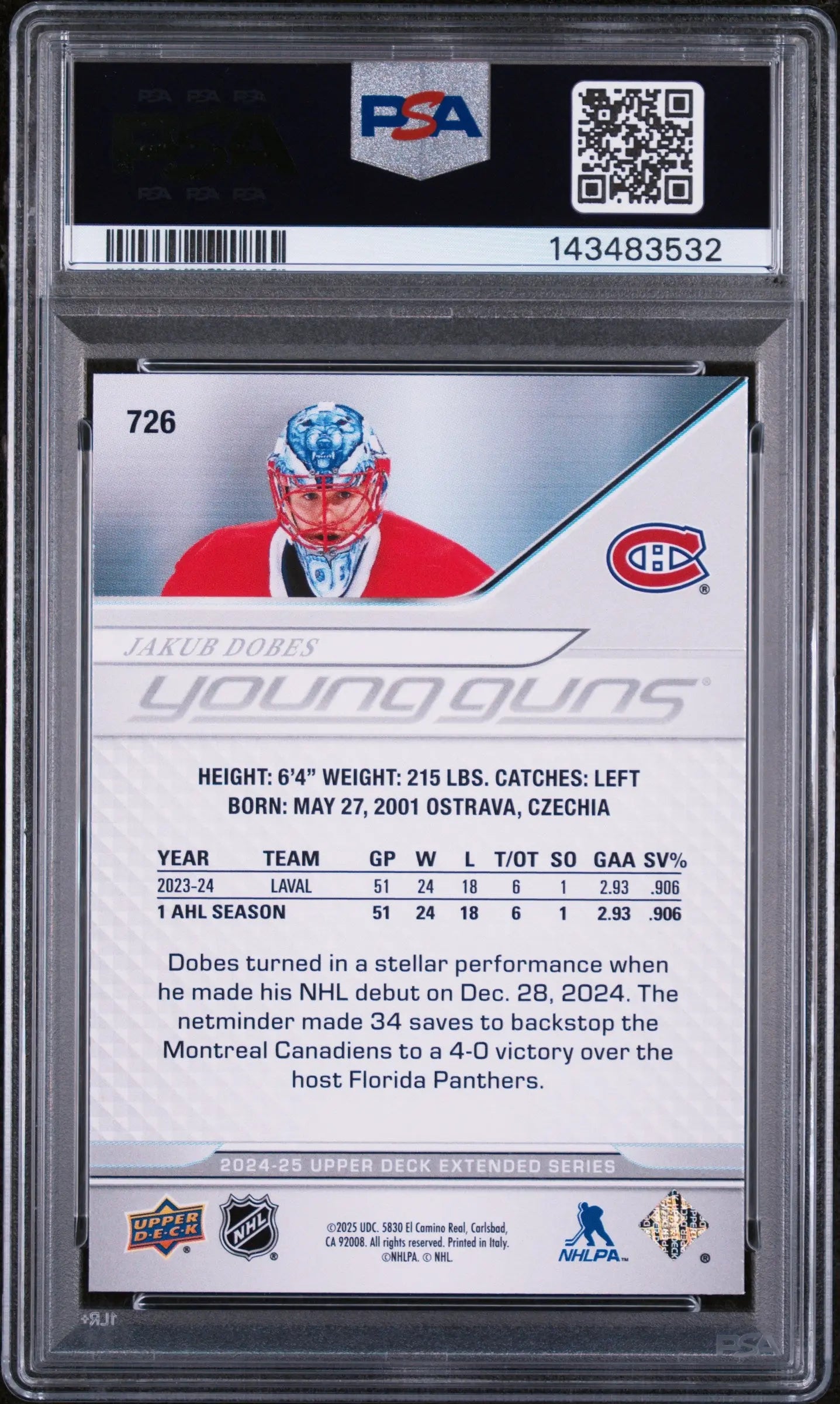 2024 Upper Deck Young Guns Extended Series Rookie Jakub Dobes RC PSA 9 