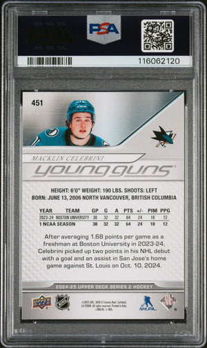 2024 Upper Deck Young Guns RC Rookie Macklin Celebrini #451 PSA 10 