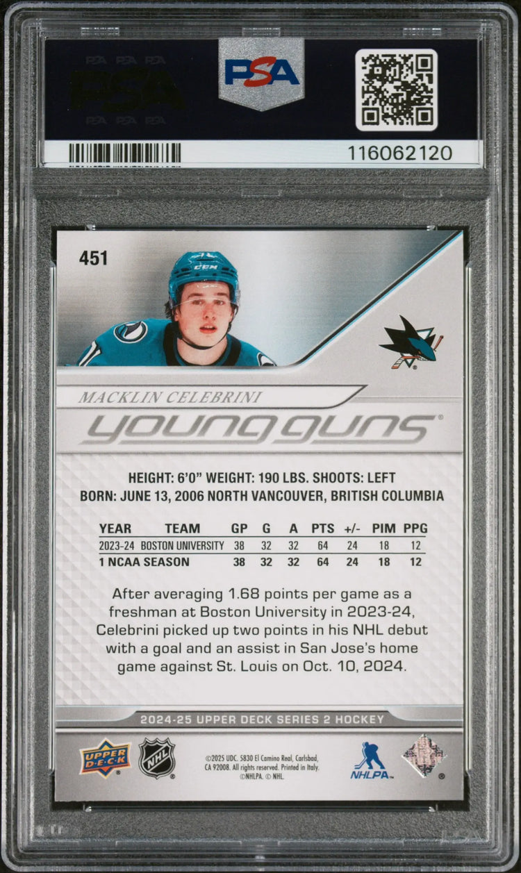 2024 Upper Deck Young Guns RC Rookie Macklin Celebrini #451 PSA 10 