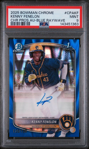 2025 1st Bowman Chrome Prospect Auto Kenny Fenelon RC Blue Raywave /150 PSA 9 