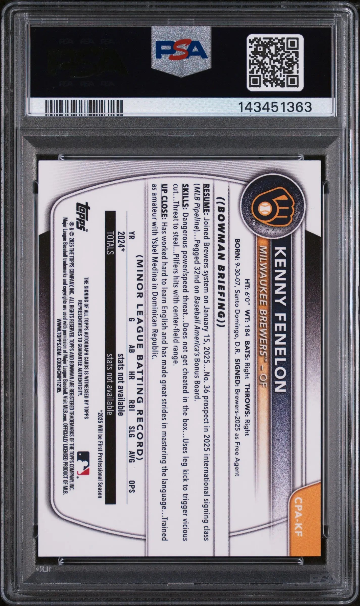2025 1st Bowman Chrome Prospect Auto Kenny Fenelon RC Blue Raywave /150 PSA 9 