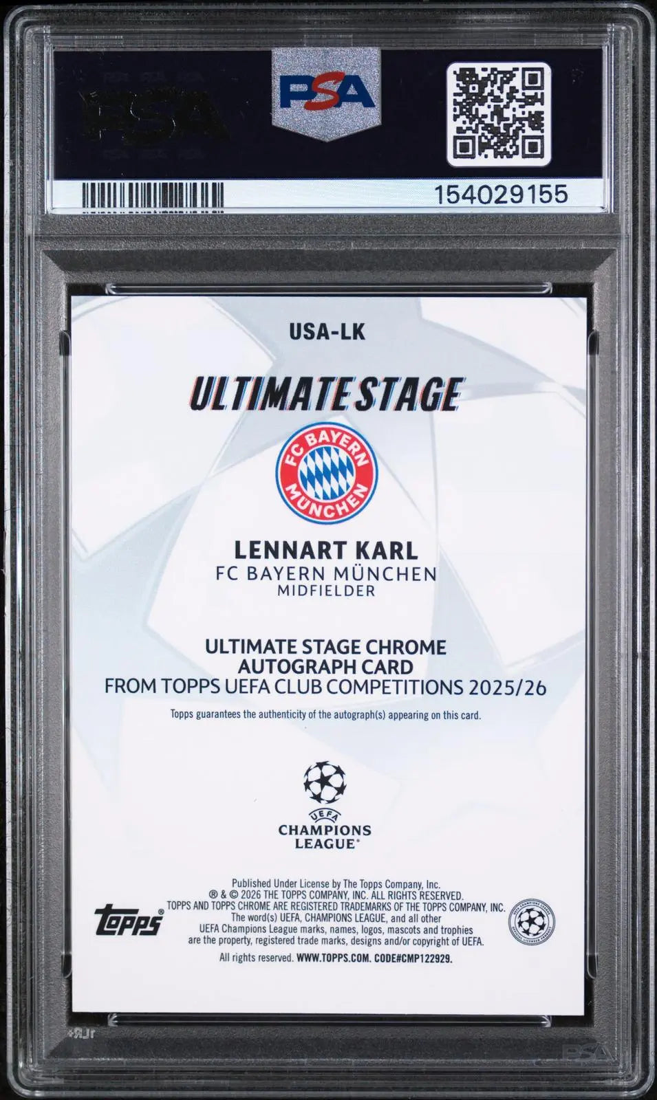 2025-2026 Topps Chrome UCC Ultimate Stage Rookie Autographs Lennart Karl PSA 10 