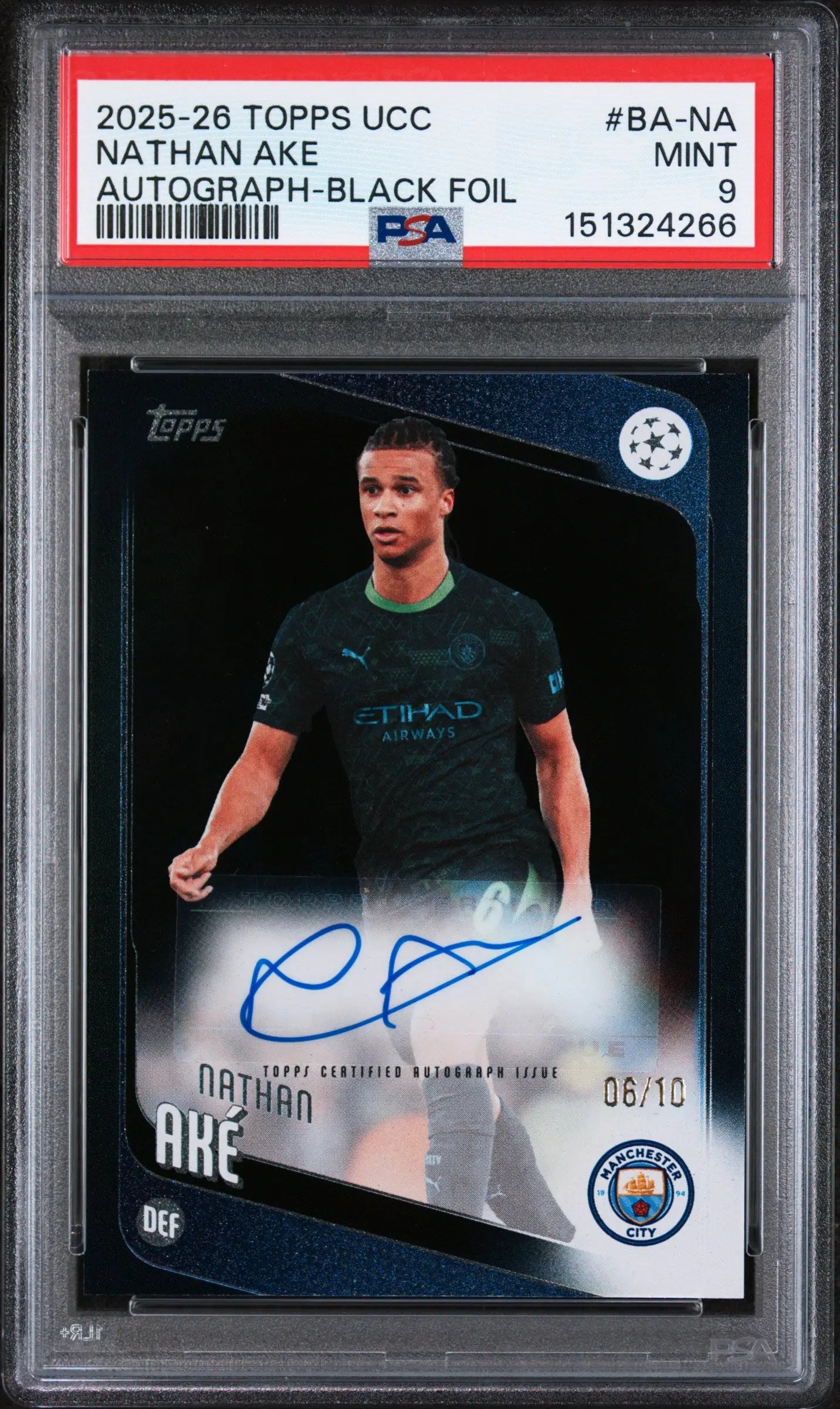 2025-2026 Topps UCC Black Foil Auto Nathan Ake #BA-NA /10 PSA 9 
