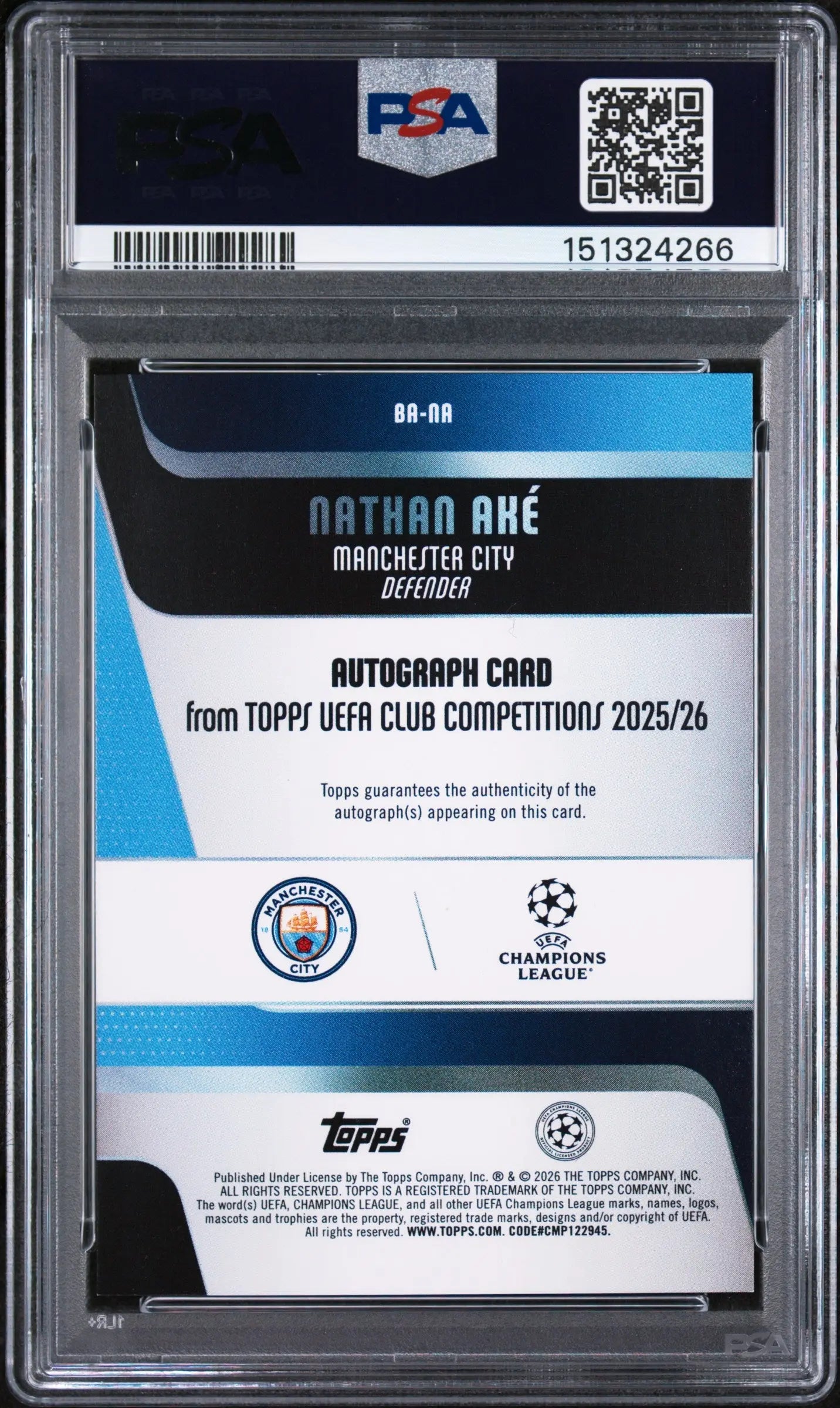2025-2026 Topps UCC Black Foil Auto Nathan Ake #BA-NA /10 PSA 9 