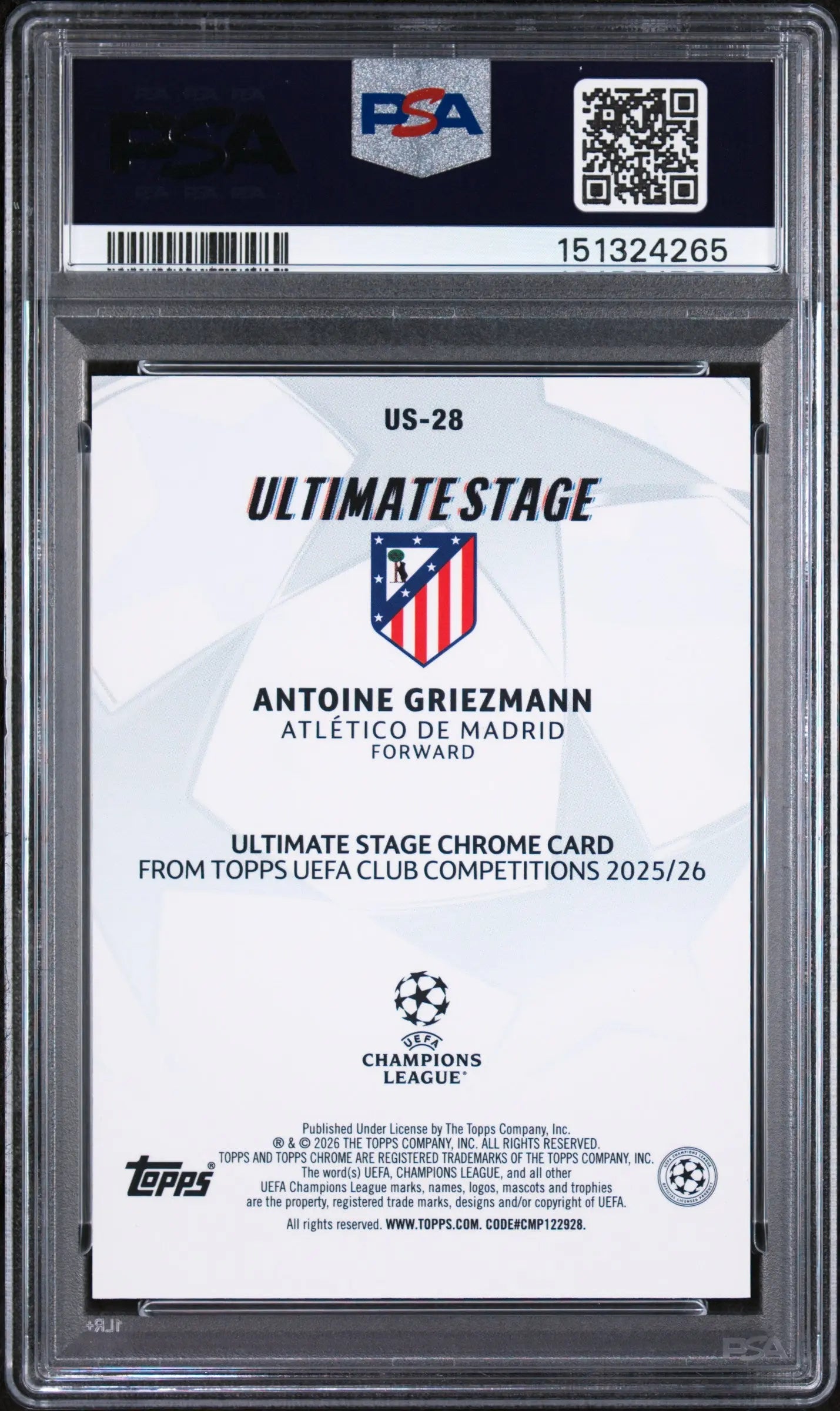 2025-2026 Topps UCC Ultimate Stage Chrome Purple Antoine Griezmann /75 PSA 8 