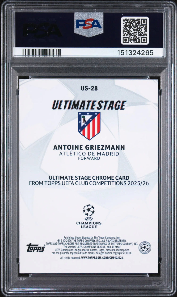 2025-2026 Topps UCC Ultimate Stage Chrome Purple Antoine Griezmann /75 PSA 8 