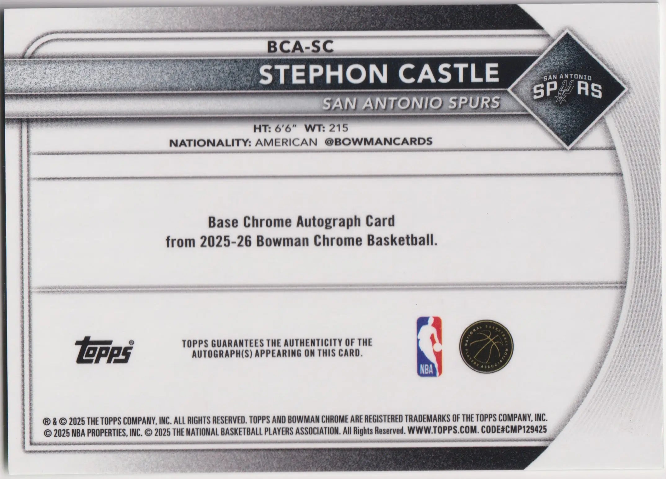 2025-26 Bowman Chrome Autograph Stephon Castle Auto Green Geometric /99 