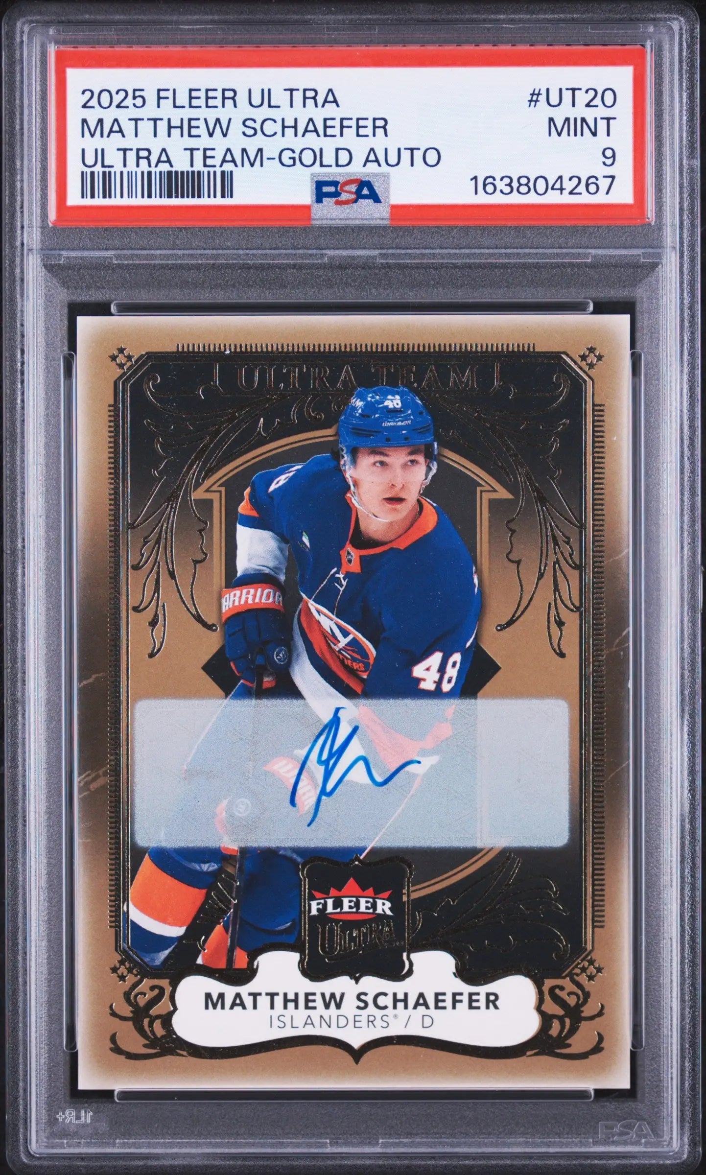 2025-26 Fleer Ultra Autograph Rookie Matthew Schaefer Ultra Team Gold Auto PSA 9 