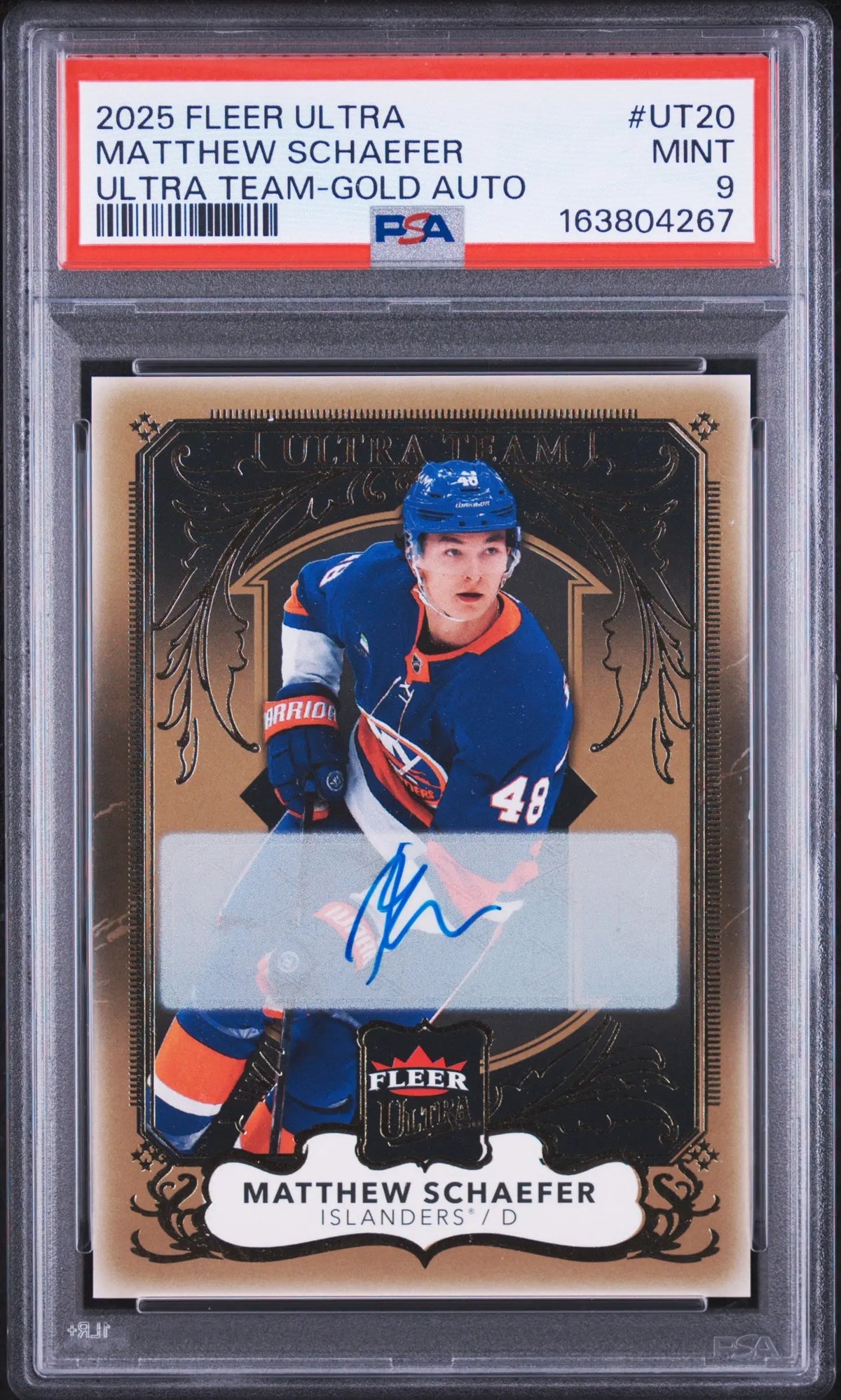 2025-26 Fleer Ultra Autograph Rookie Matthew Schaefer Ultra Team Gold Auto PSA 9 