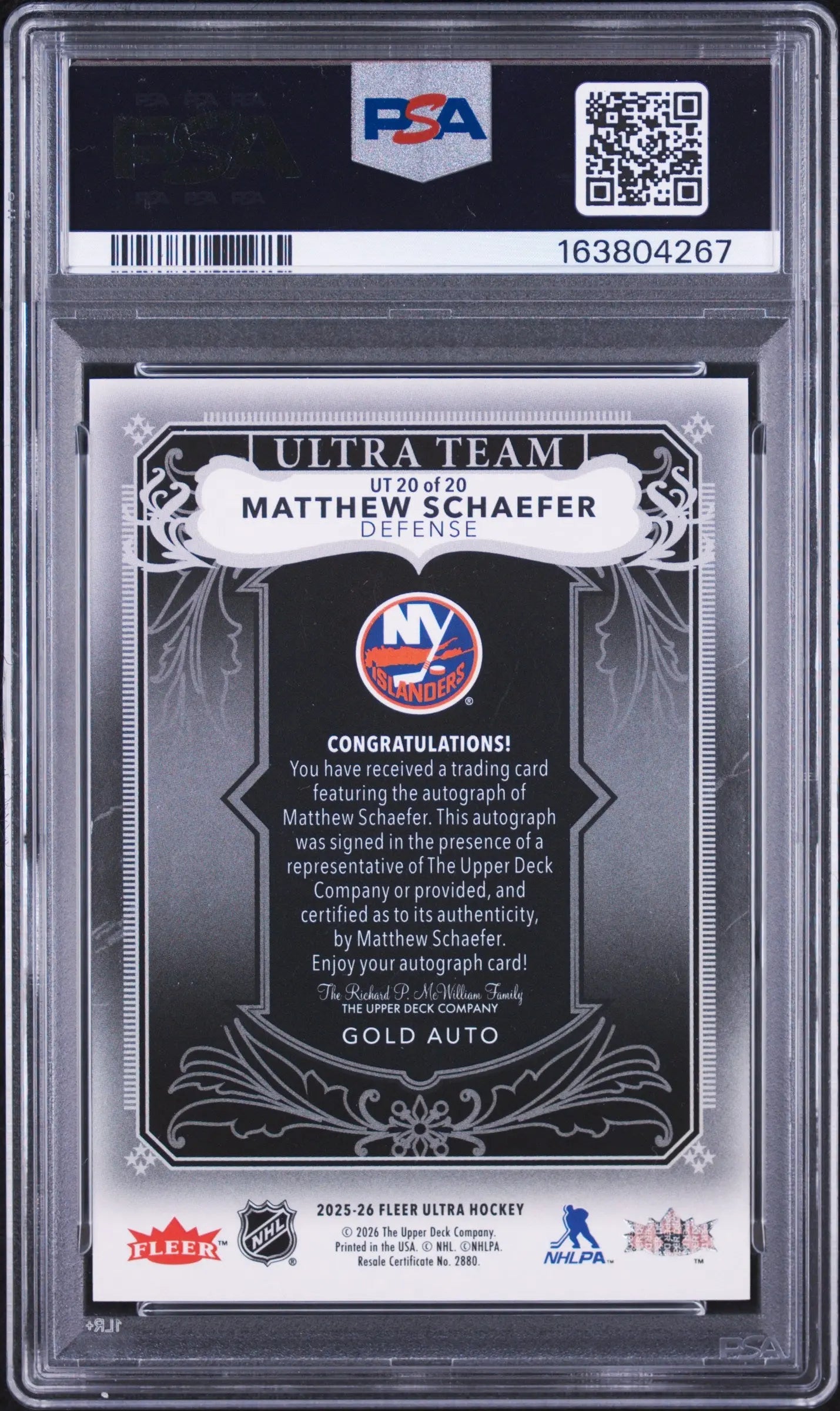 2025-26 Fleer Ultra Autograph Rookie Matthew Schaefer Ultra Team Gold Auto PSA 9 