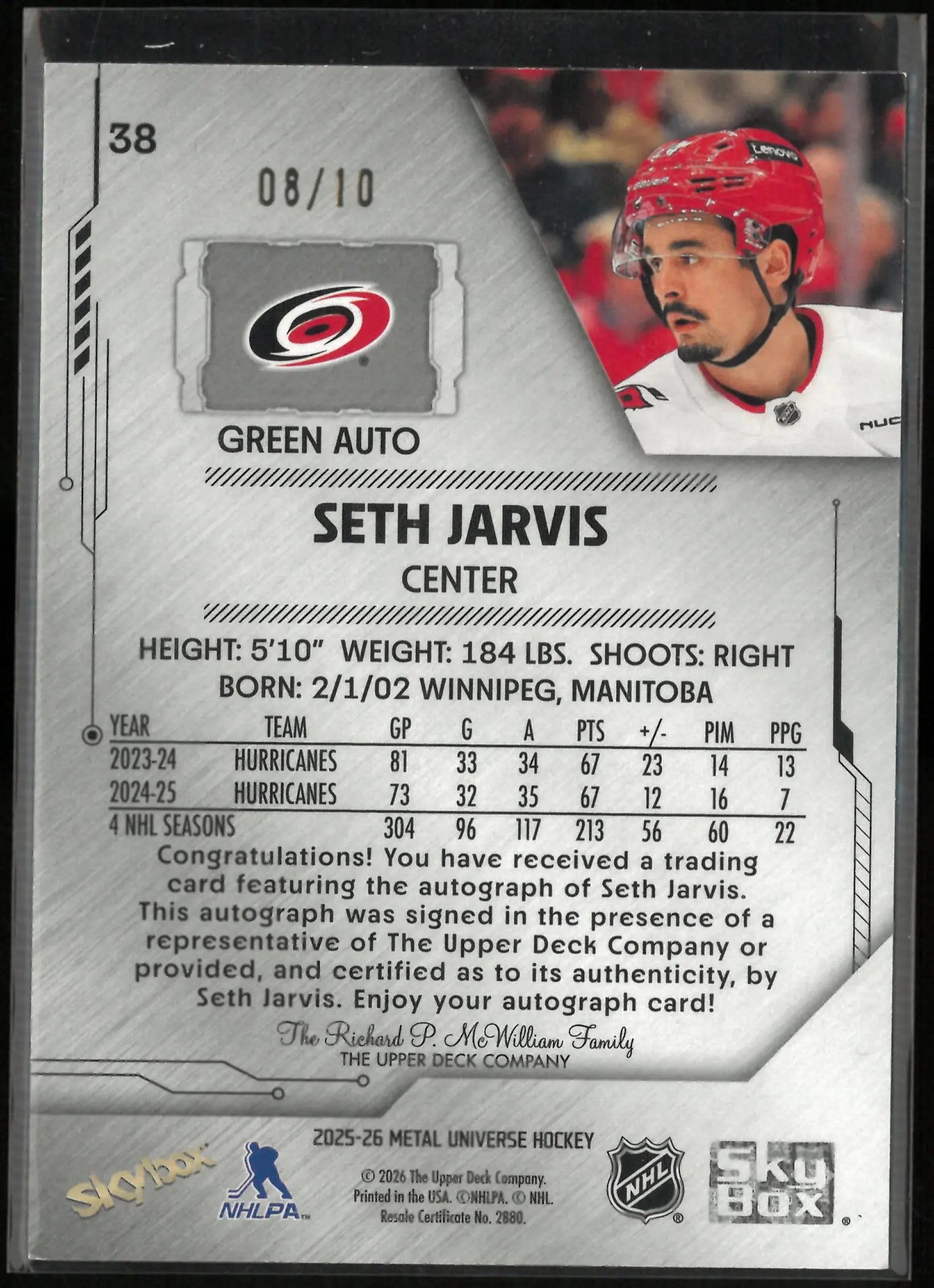 2025-26 Metal Universe Hockey Seth Jarvis Green Autograph Auto /10 