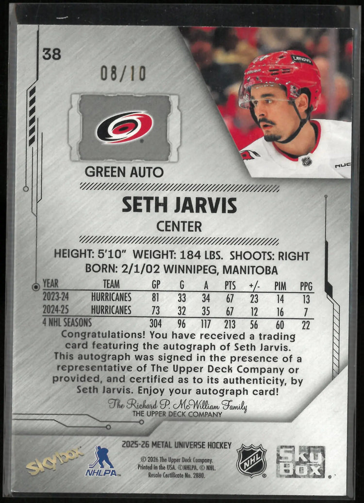 2025-26 Metal Universe Hockey Seth Jarvis Green Autograph Auto /10 