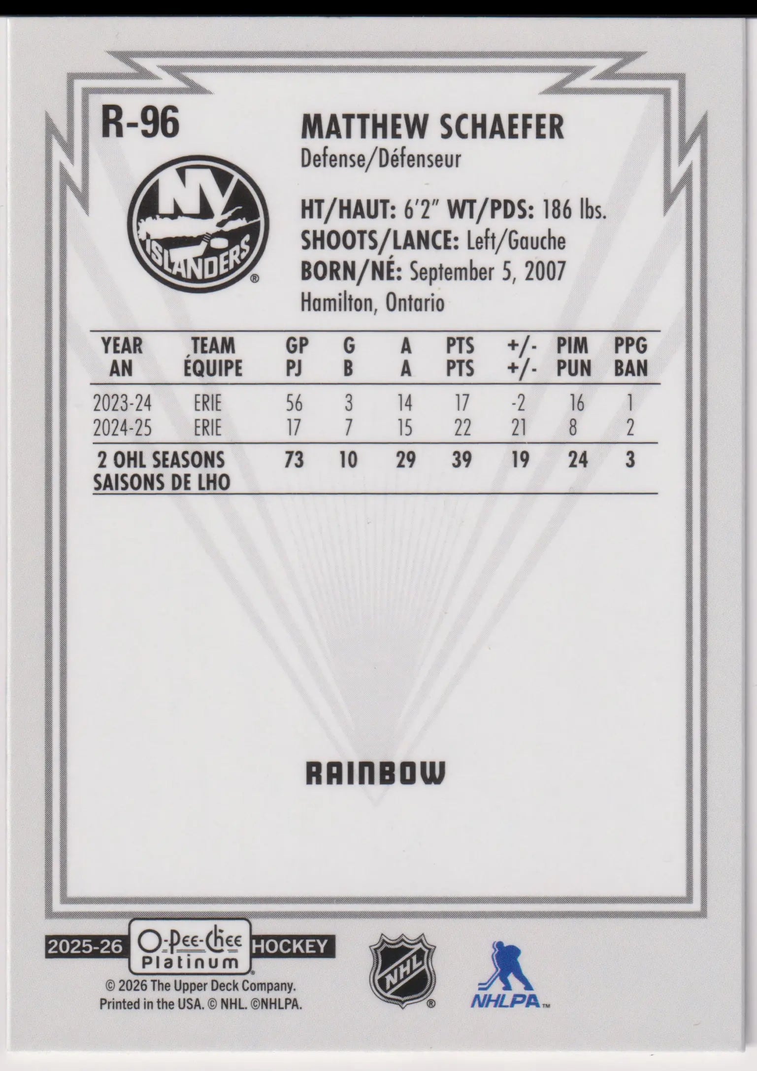 2025-26 O-Pee-Chee OPC Platinum Rookie Matthew Schaefer Rainbow RC 
