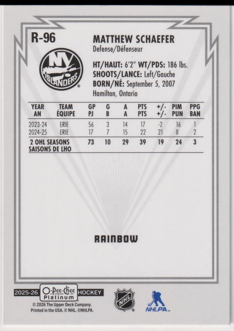 2025-26 O-Pee-Chee OPC Platinum Rookie Matthew Schaefer Rainbow RC 