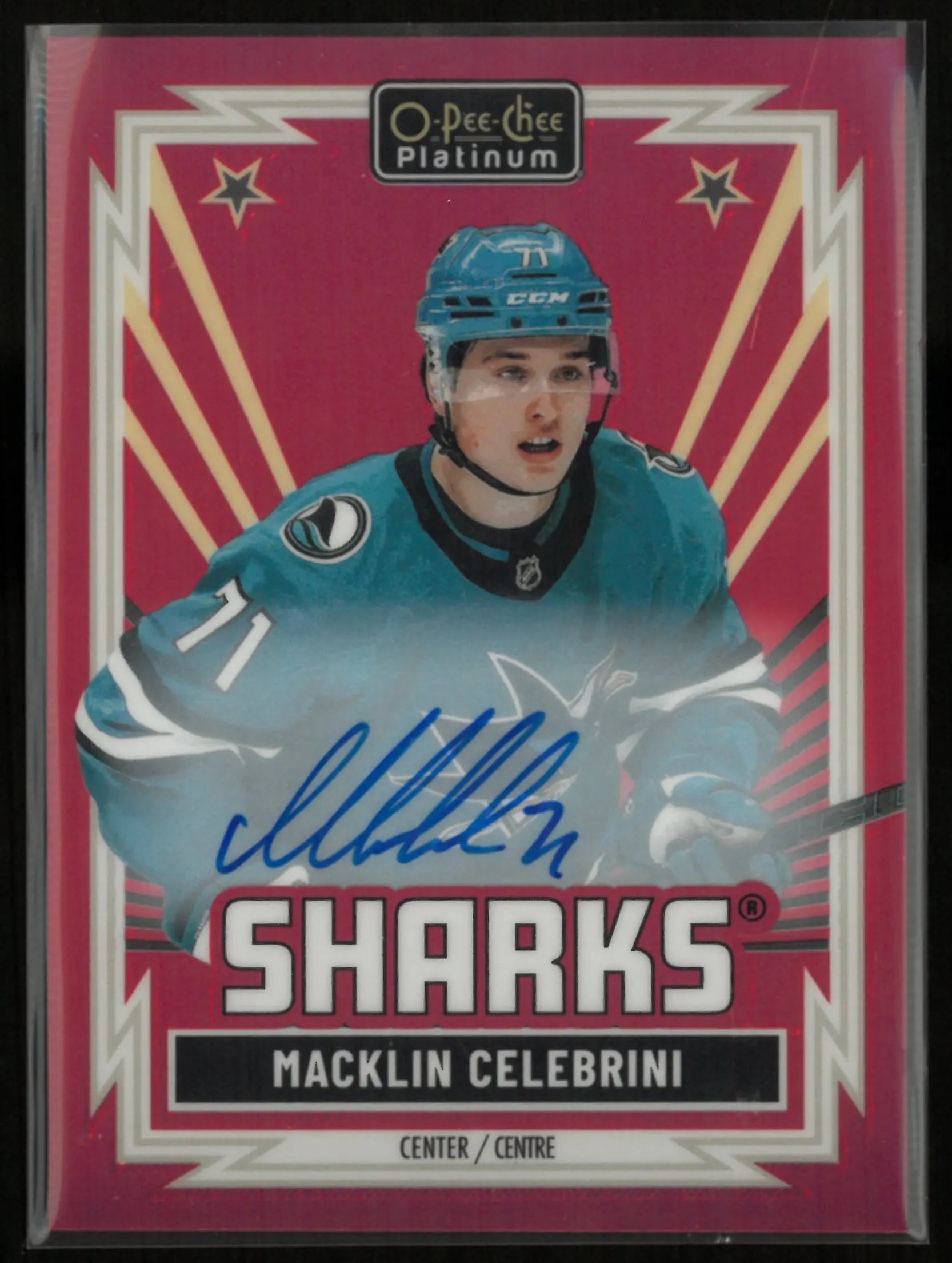 2025-26 O-Pee-Chee Platinum Autograph Macklin Celebrini Red Rainbow Auto 