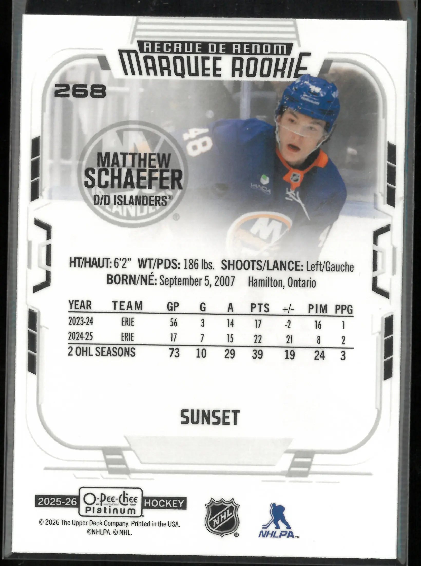 2025-26 O-Pee-Chee Platinum Marquee Rookie Sunset Matthew Schaefer RC 
