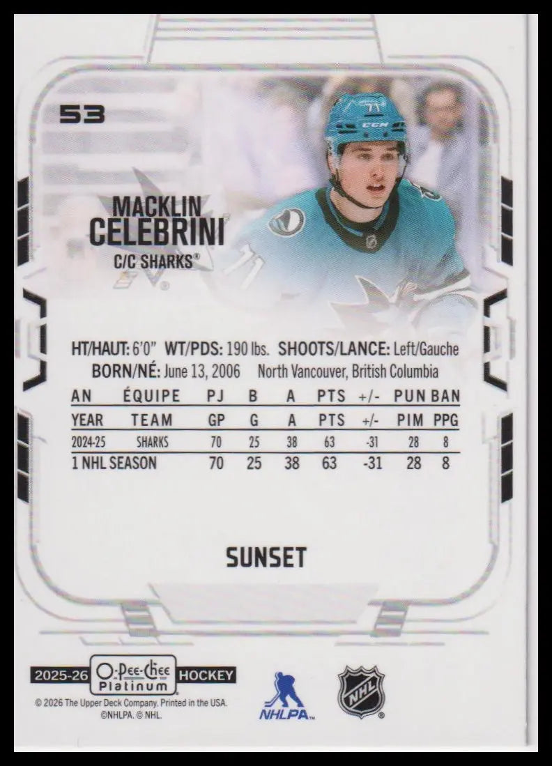 2025-26 O-Pee-Chee Platinum #53 Macklin Celebrini Sunset 