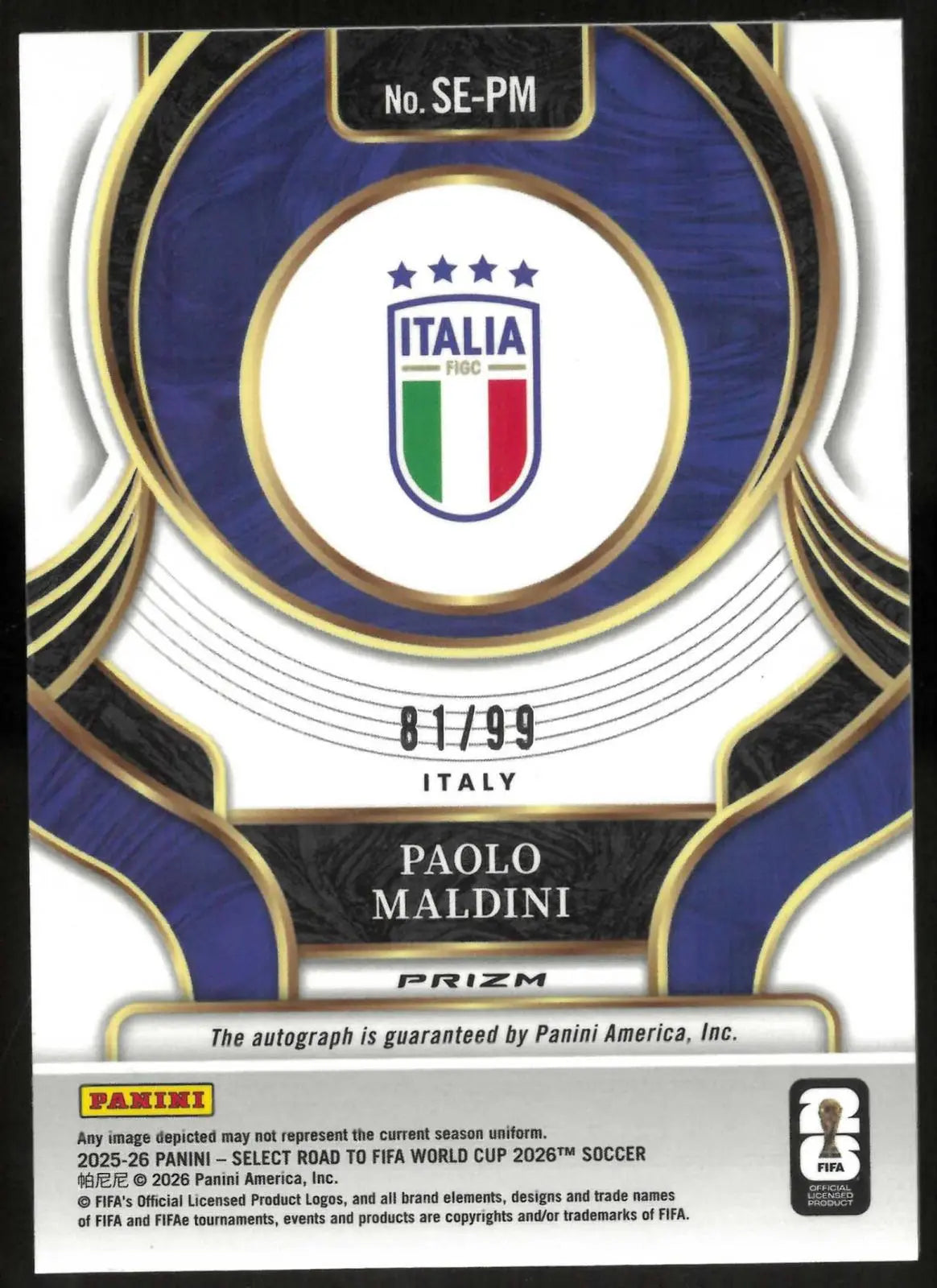 2025-26 Panini Select Road To FIFA World Cup Paolo Maldini Autograph Purple /99 