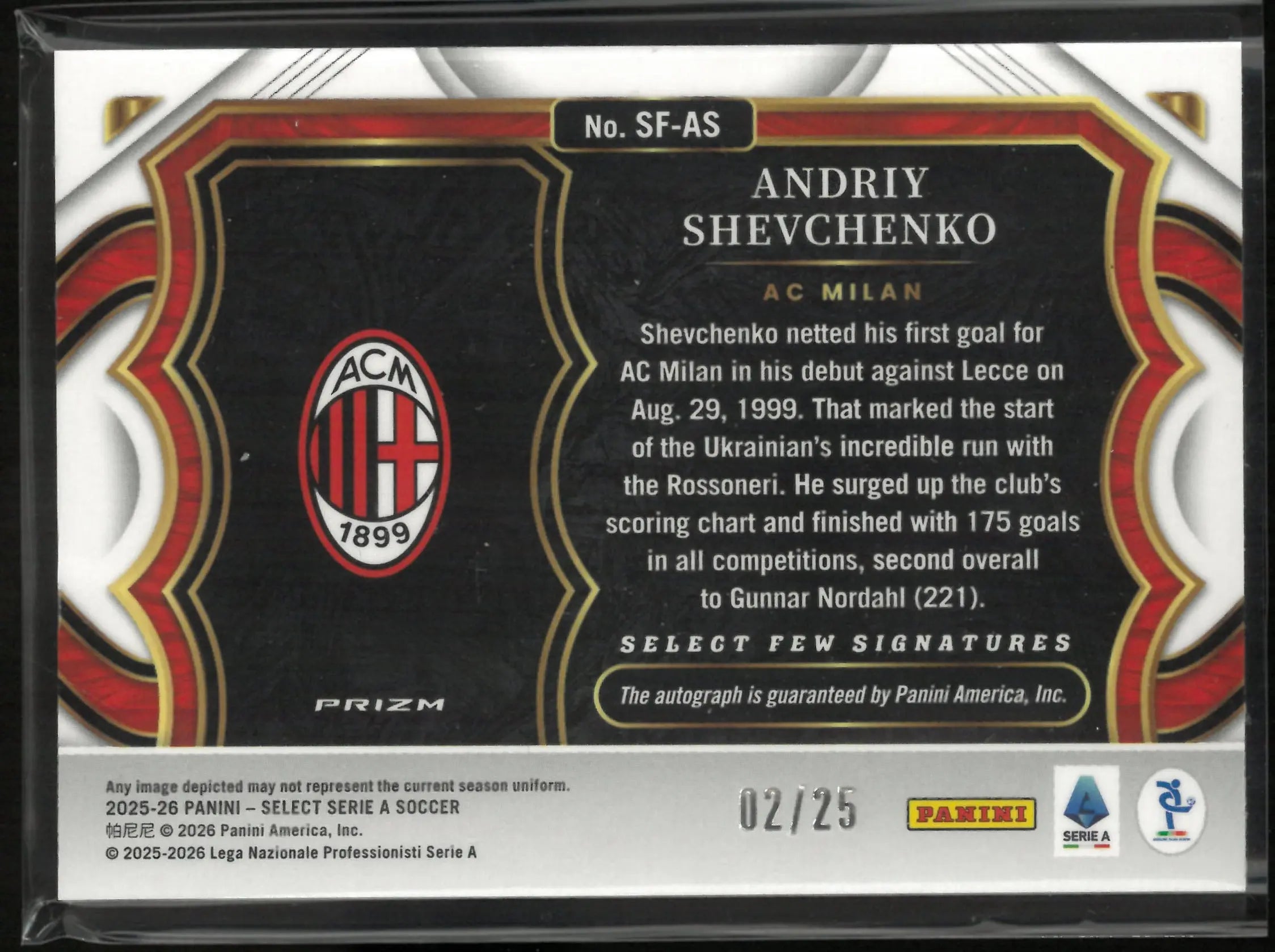 2025-26 Panini Select Serie A Autograph Andriy Shevchenko Auto Orange /25 