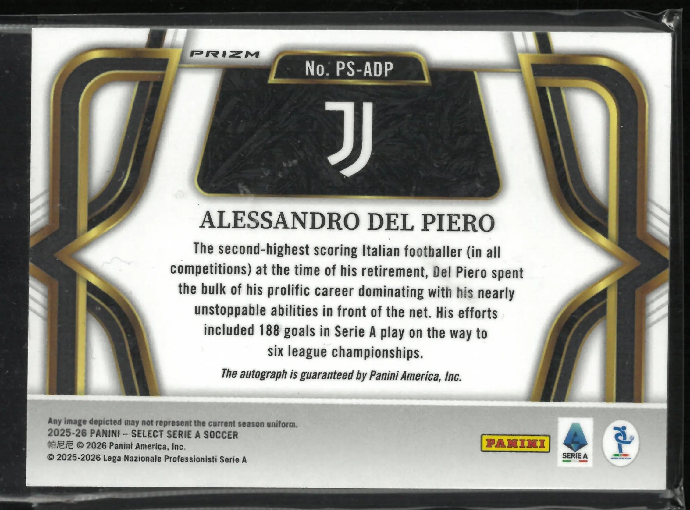 2025-26 Panini Select Serie A Pitchside Signature Alessandro Del Piero Autograph 