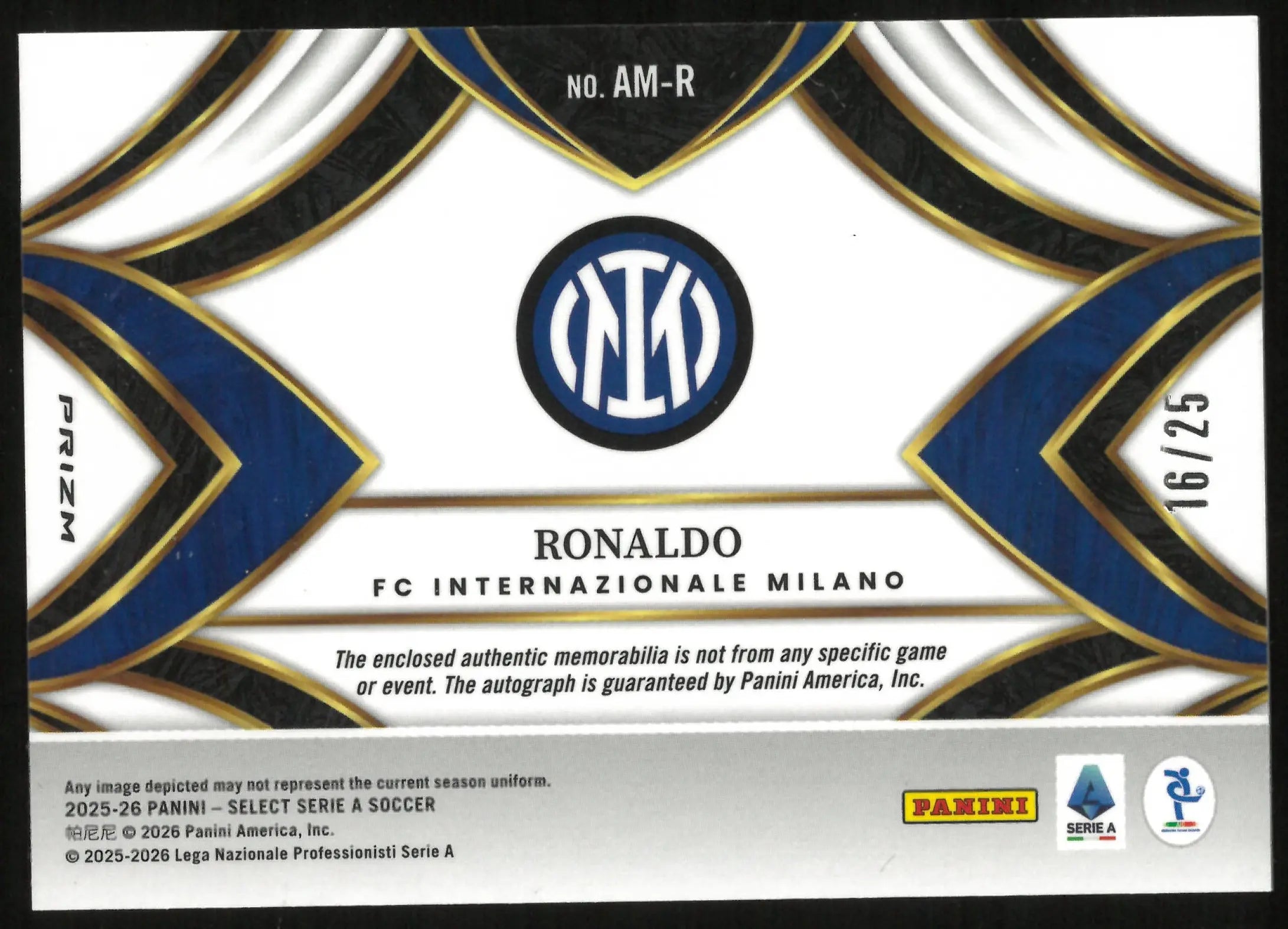 2025-26 Panini Select Serie A Ronaldo Autograph Patch Auto Orange /25 