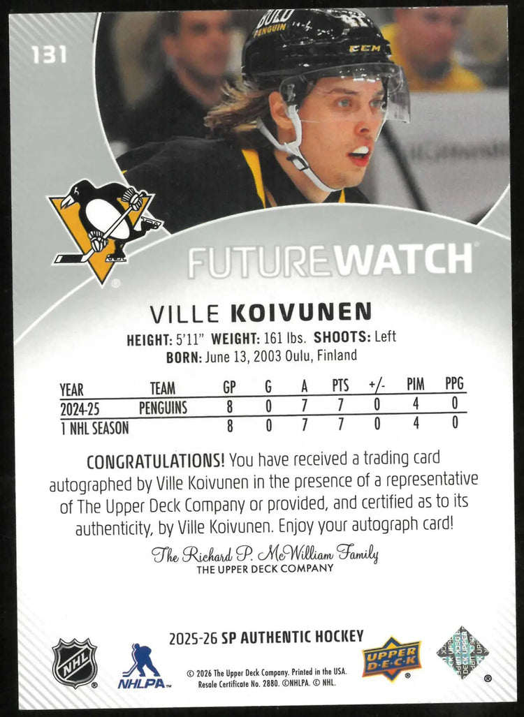 2025-26 SP Authentic #131 Ville Koivunen Rookie Future Watch Auto #/999 
