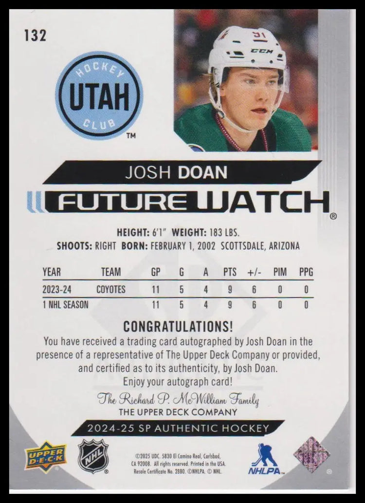2025-26 SP Authentic #132 Josh Doan Rookie Future Watch Auto #/999 