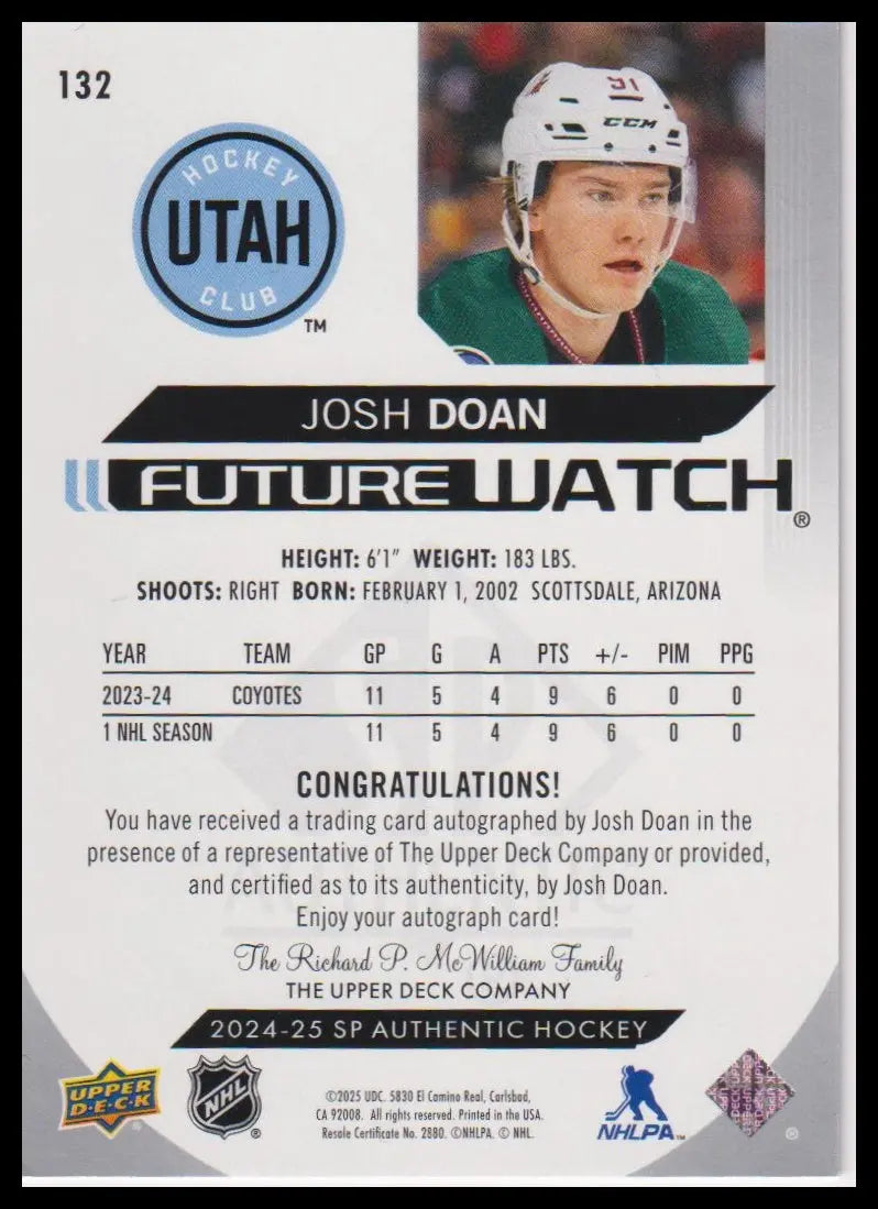 2025-26 SP Authentic #132 Josh Doan Rookie Future Watch Auto #/999 