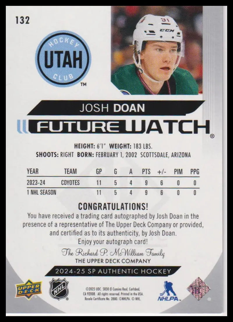 2025-26 SP Authentic #132 Josh Doan Rookie Future Watch Auto #/999 
