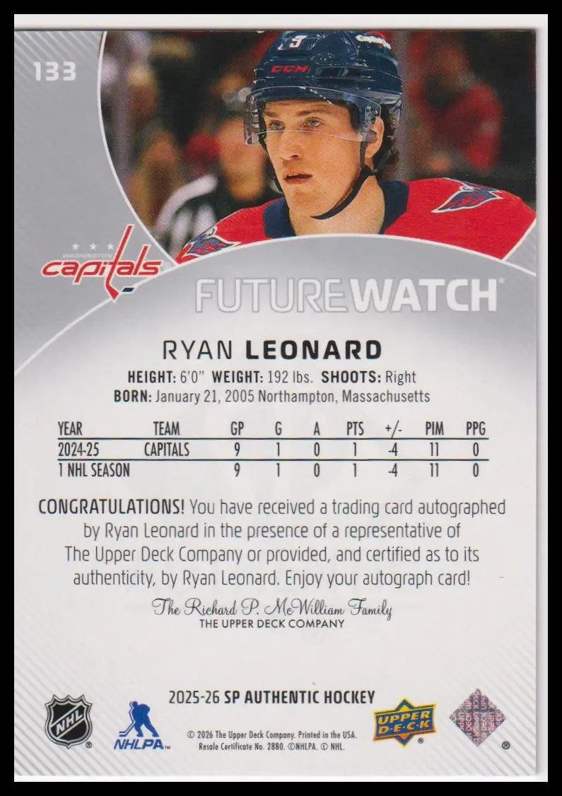 2025-26 SP Authentic #133 Ryan Leonard Rookie Future Watch Auto #/999 