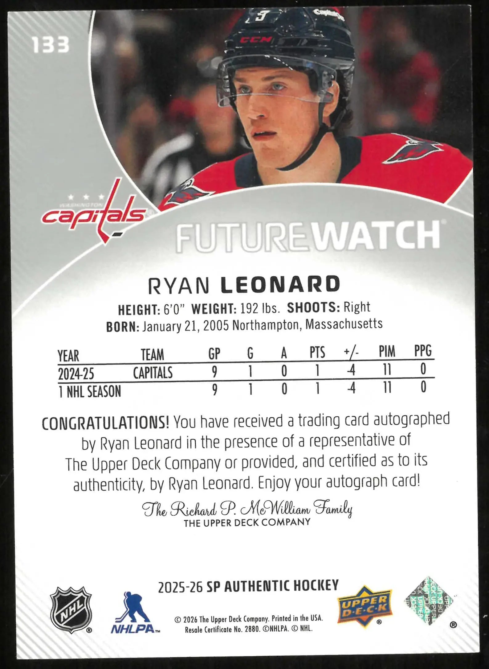2025-26 SP Authentic #133 Ryan Leonard Rookie Future Watch Auto #/999 