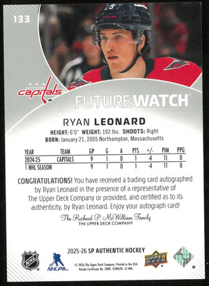 2025-26 SP Authentic #133 Ryan Leonard Rookie Future Watch Auto #/999 