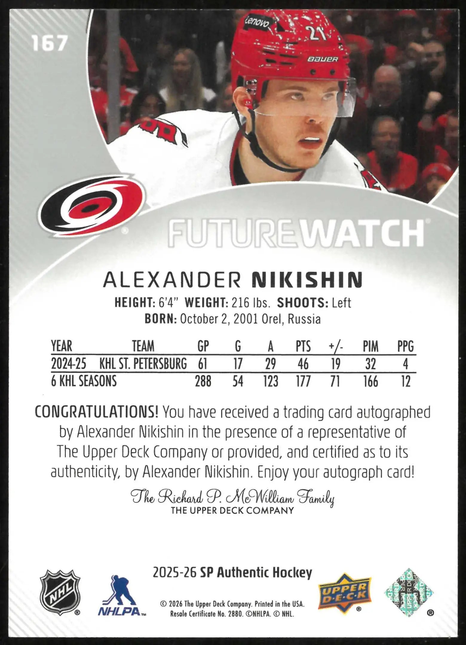 2025-26 SP Authentic #167 Alexander Nikishin Rookie Future Watch Auto #/999 