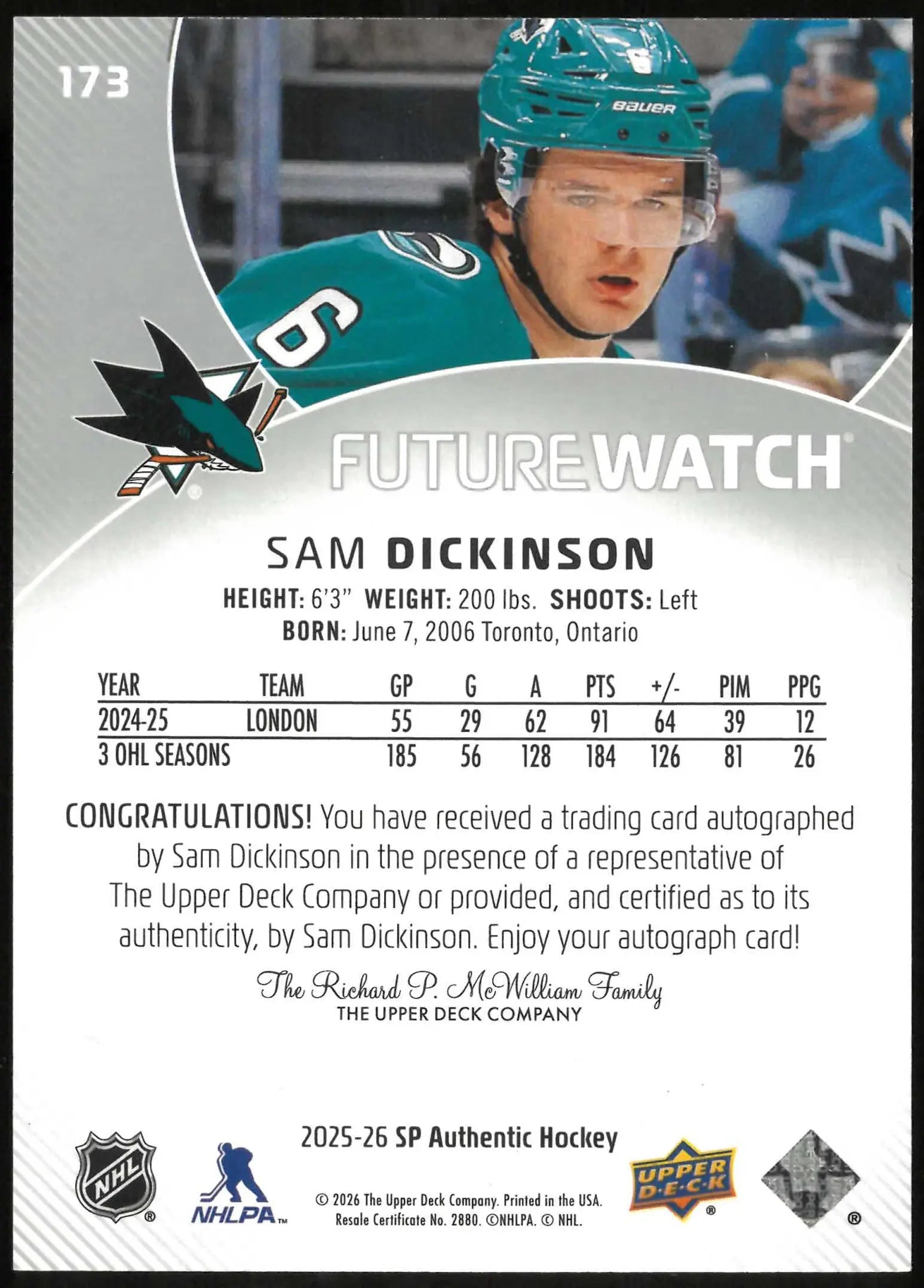 2025-26 SP Authentic #173 Sam Dickinson Rookie Future Watch Auto #/999 