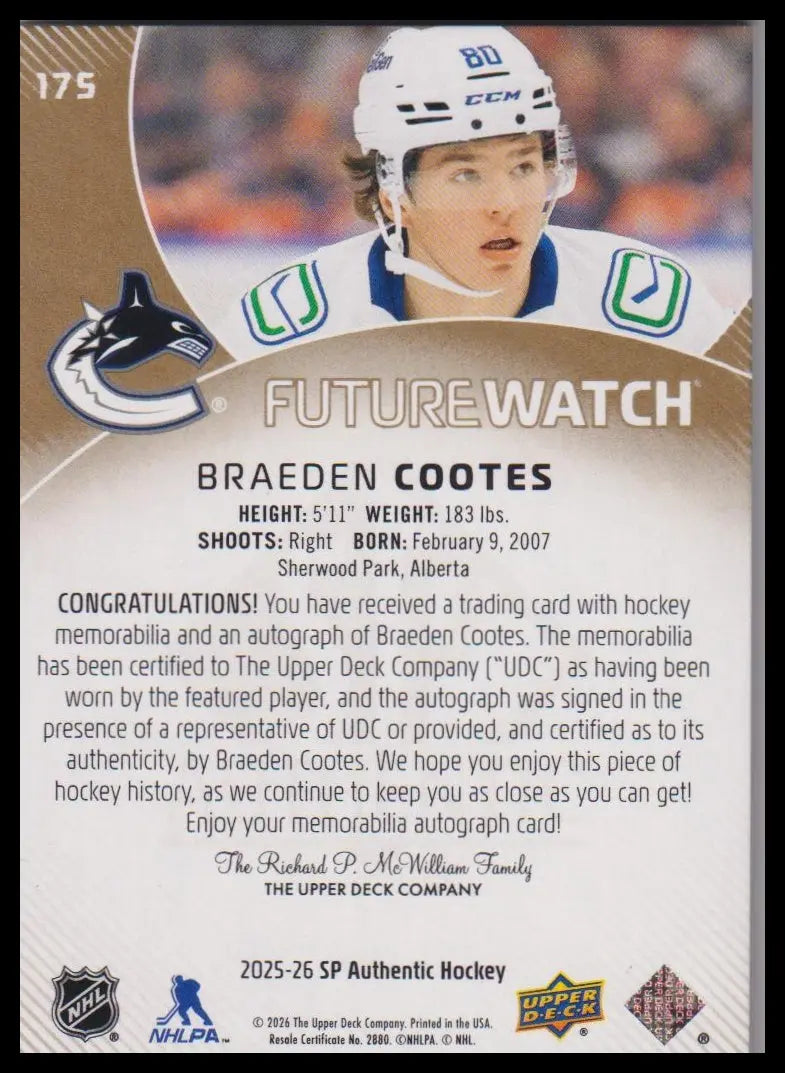 2025-26 SP Authentic #175 Braeden Cootes Rookie Future Watch Auto Patch 