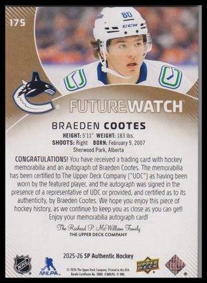 2025-26 SP Authentic #175 Braeden Cootes Rookie Future Watch Auto Patch 